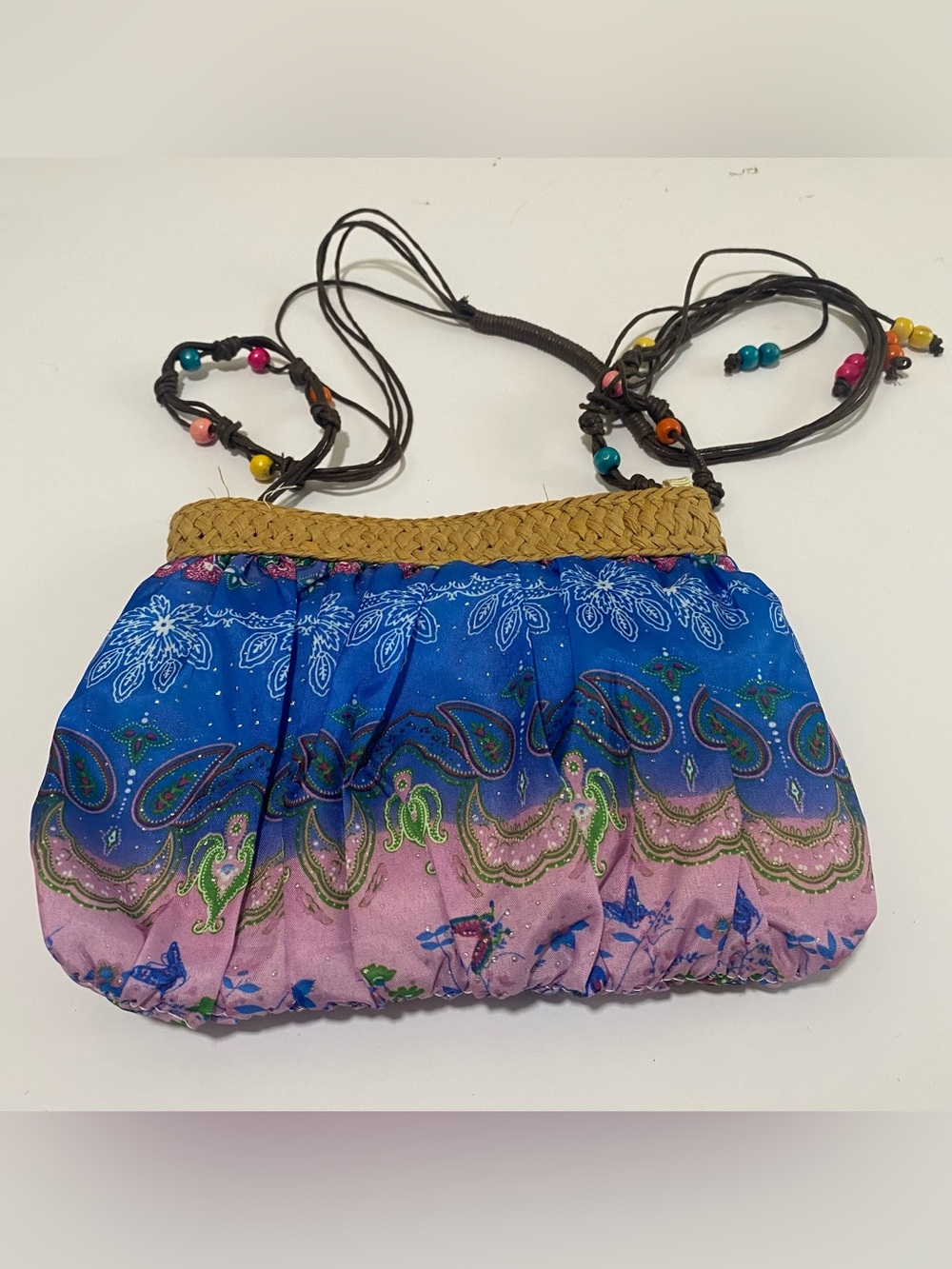 Y2K Boho Paisley Butterfly Print Straw Trim Crossbody Bag Beaded Cord Strap